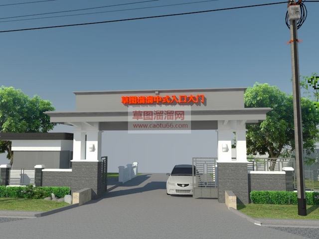 新中式小区入口岗亭SU模型