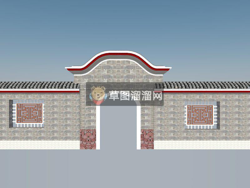 中式院墙围墙院门SU模型