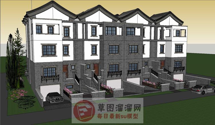 中式双拼别墅联排别墅SU模型