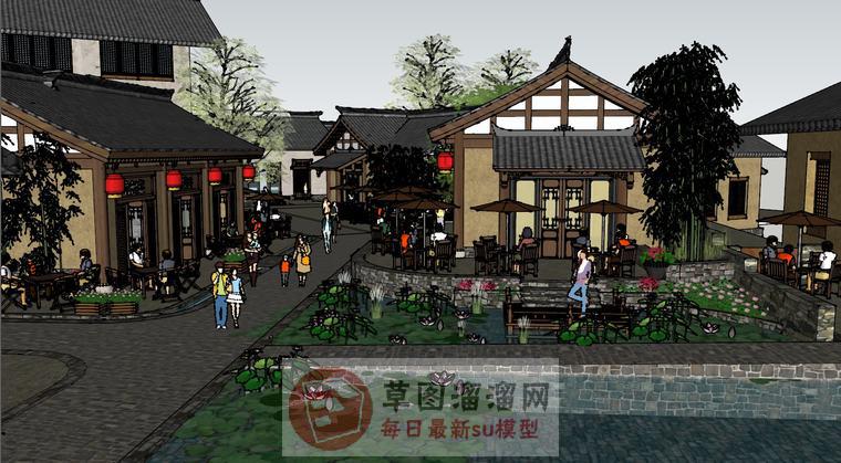 中式仿古街亲水平台SU模型