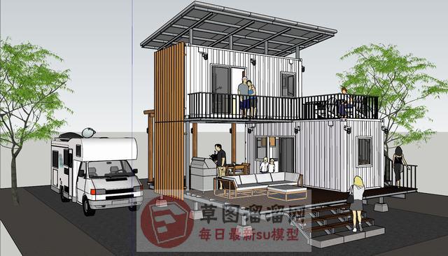 房车沙滩边木屋SU模型
