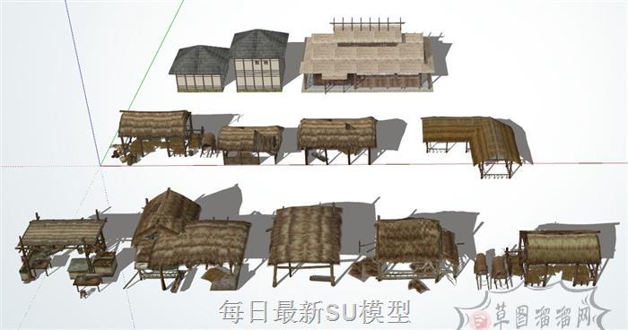 中式木屋茅草屋SU模型