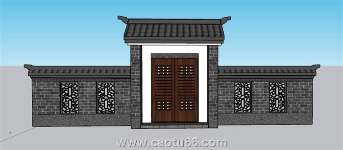 院门门头围墙SU模型