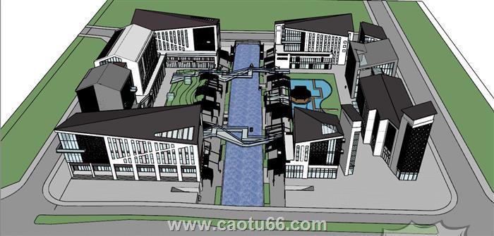 中式水街建筑景观SU模型