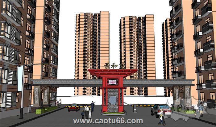 小区大门入口单元楼SU模型