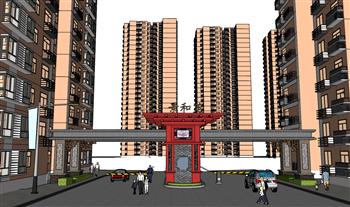 小区大门入口单元楼SU模型
