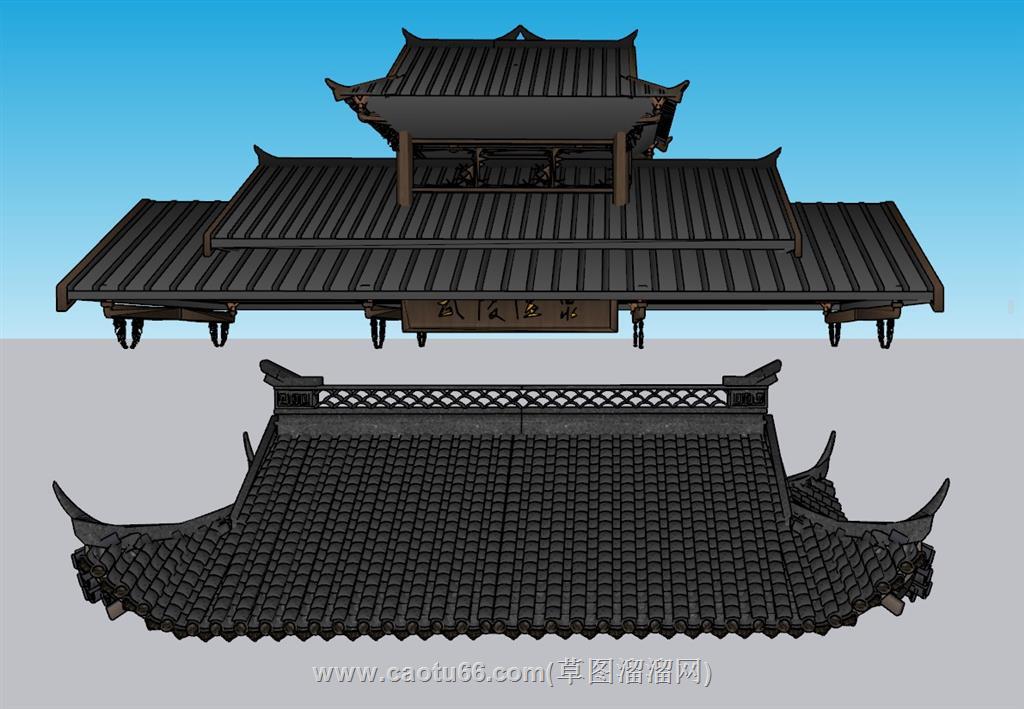 屋檐屋顶瓦片SU模型