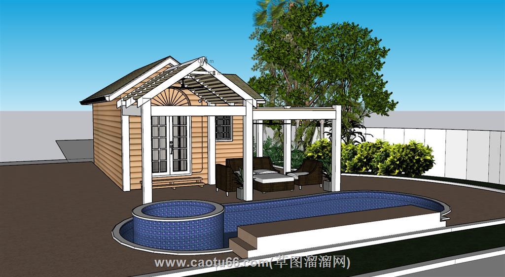 美式木屋游泳池SU模型