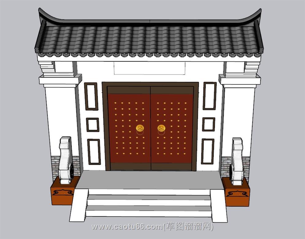 中式门头入户门院门SU模型