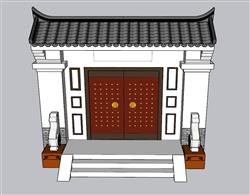 中式门头入户门院门SU模型