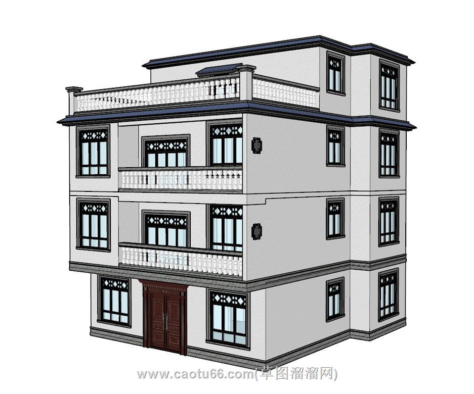 中式自建房三层半SU模型