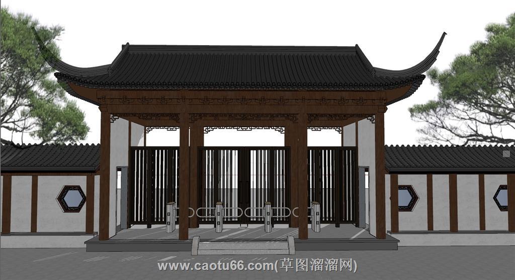 中式景区围墙SU模型