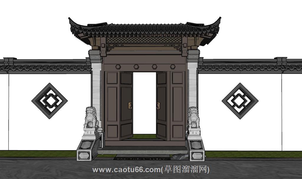 中式院门入户门SU模型