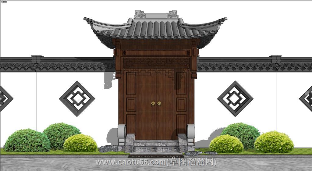 中式入户门围墙SU模型