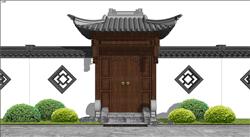 中式入户门围墙SU模型