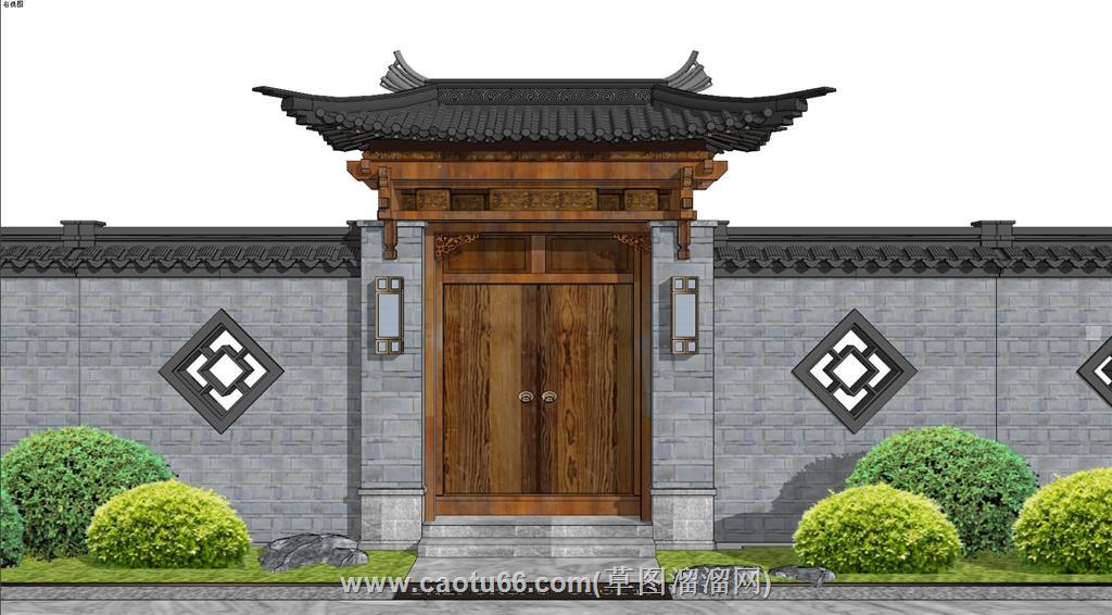 中式屋檐入户门SU模型