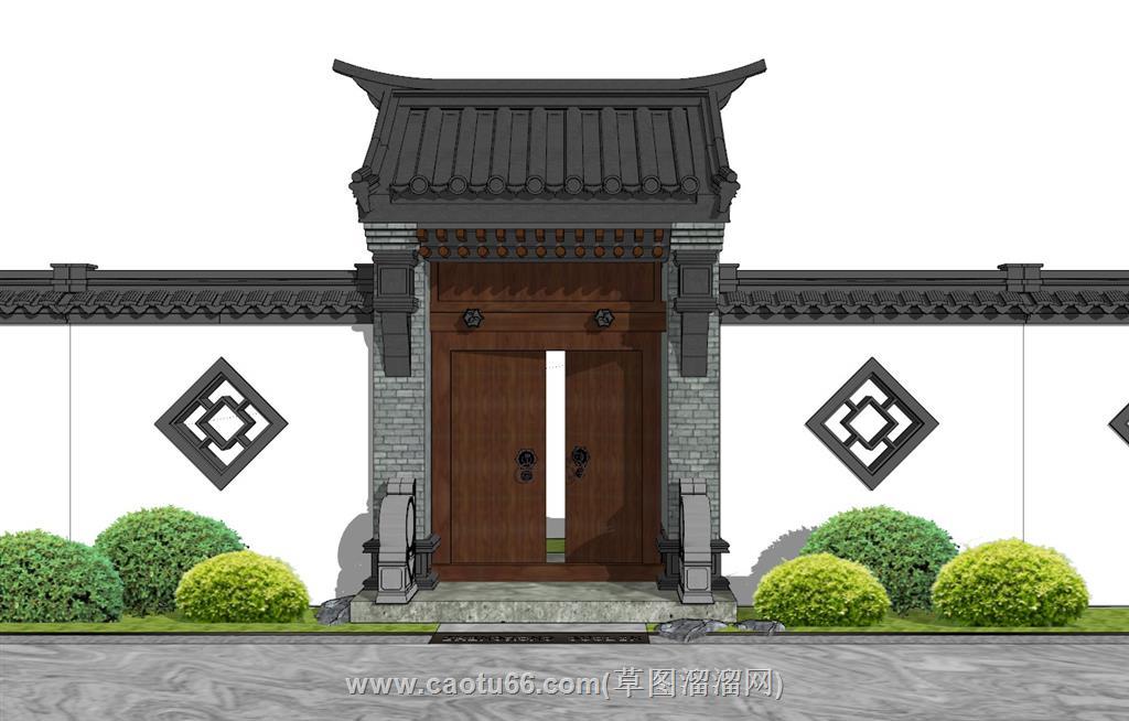 中式院门围墙SU模型