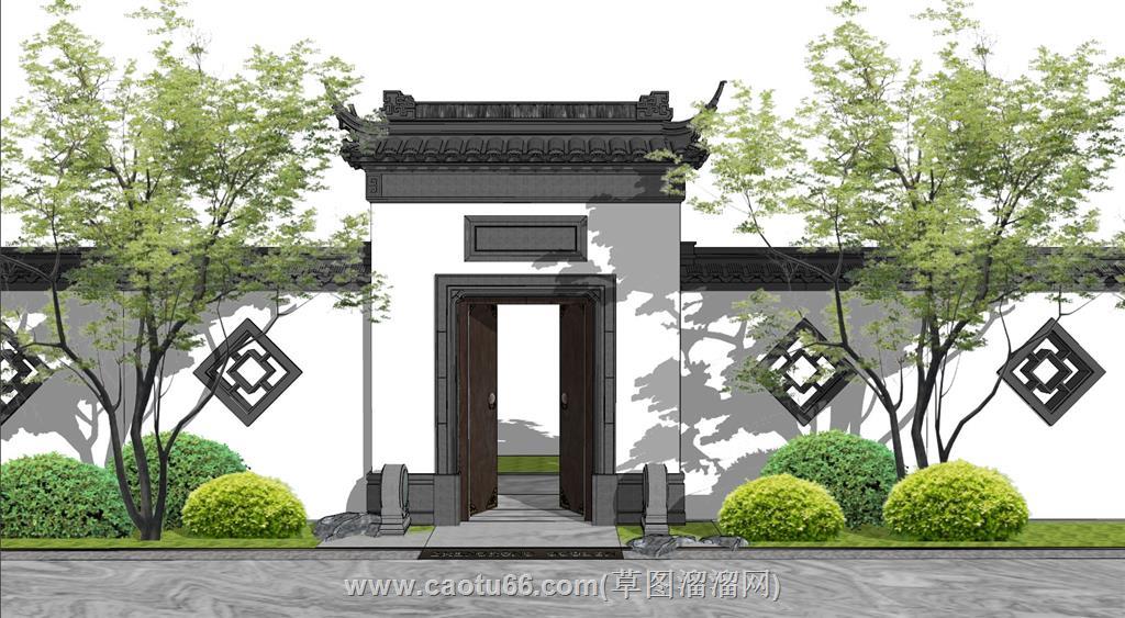 中式院门入户门SU模型