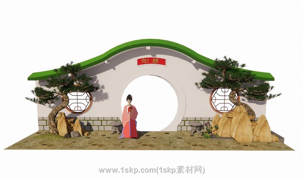 中式月洞门围墙SU模型