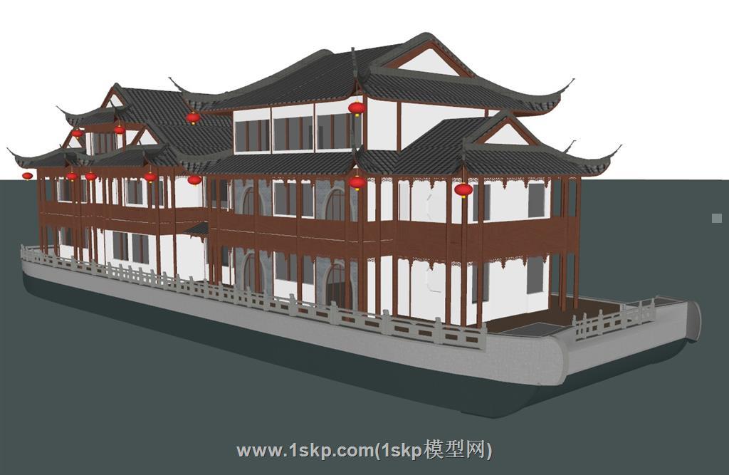 中式船屋建筑SU模型