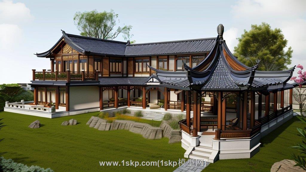 中式民宿别墅建筑SU模型