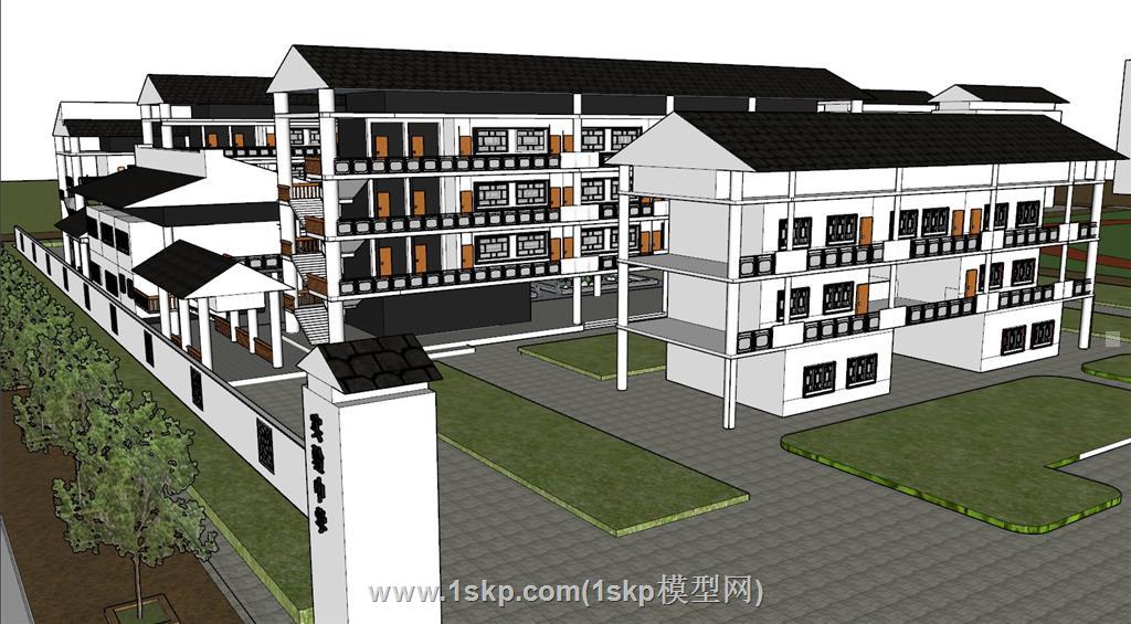 中式中学校园建筑SU模型