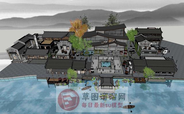 中式滨湖商业街SU模型