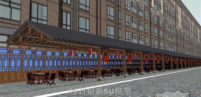 中式商业街廊道SU模型