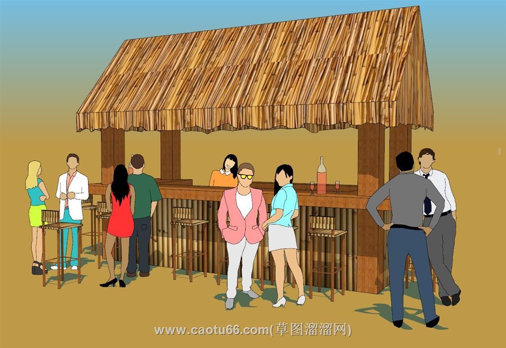 茅草户外贩售亭SU模型