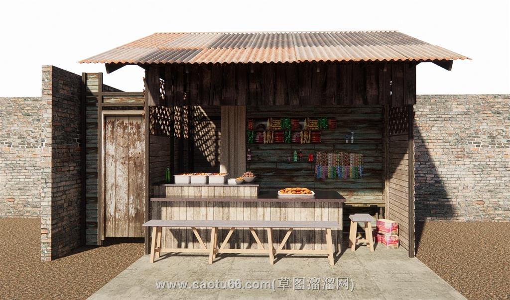 陈旧杂货店摊位SU模型