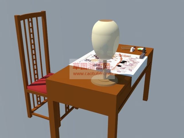 中式书桌椅木SU模型
