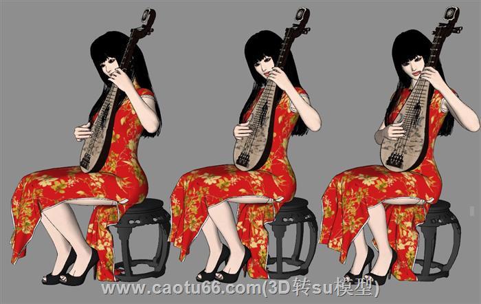 旗袍美女弹琴SU模型