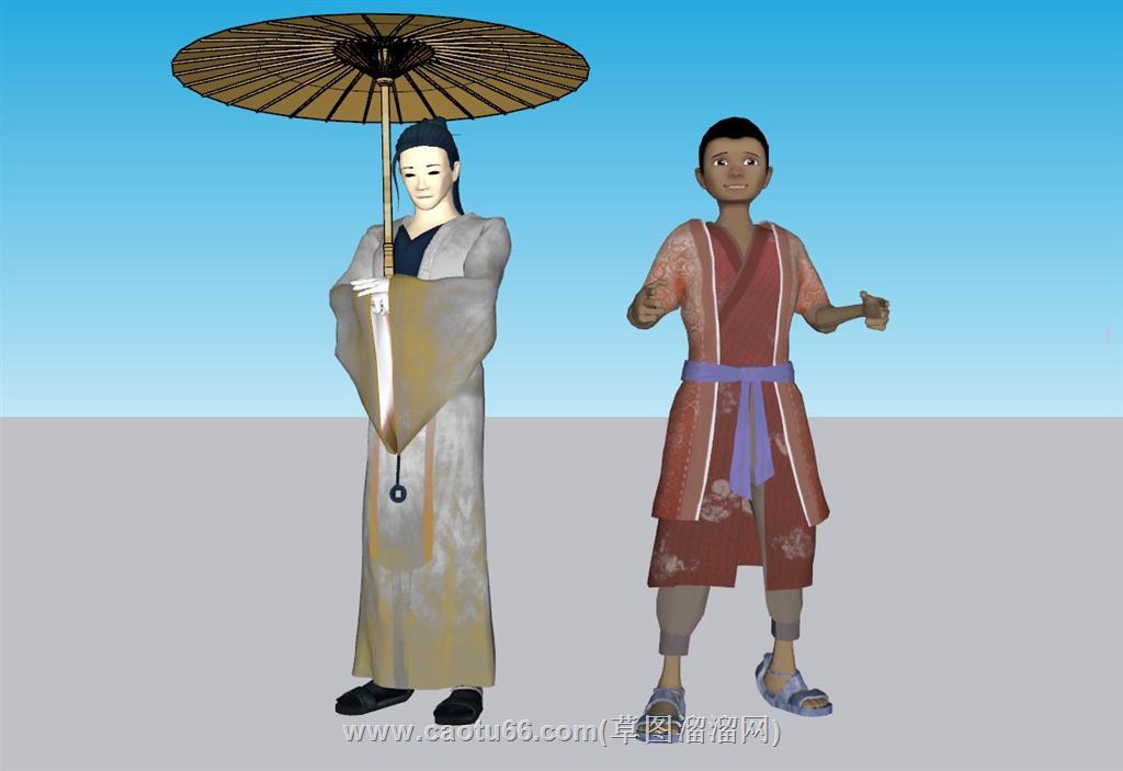 古代人撑伞古人SU模型