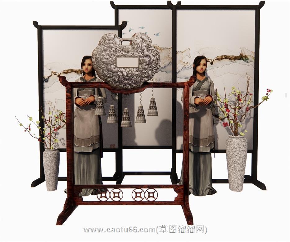 古代美女屏风SU模型