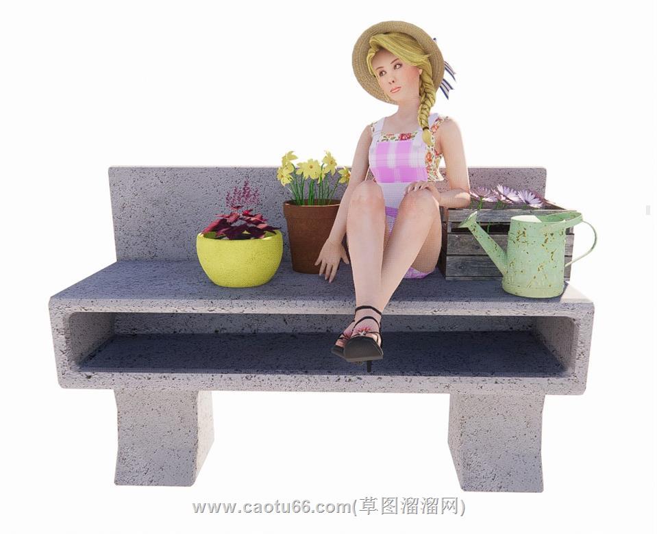 浇花美女坐姿SU模型