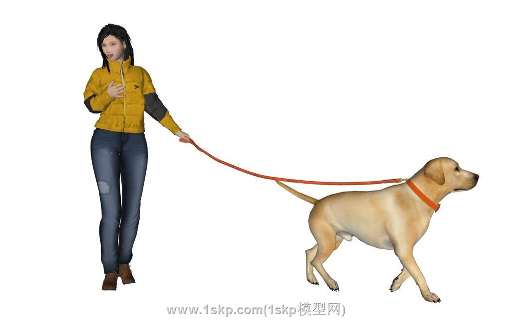牵狗遛狗人物SU模型