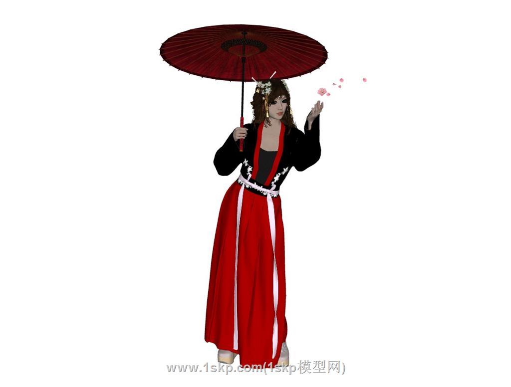 打伞古装女人SU模型