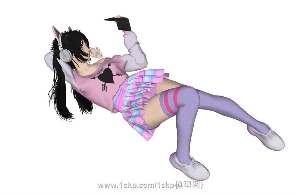 猫耳机美女躺着