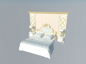 欧式双人床床铺-床头柜-桌灯-背景墙SU模型