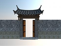 中式合院大门-围墙su模型
