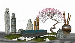 园艺：拴马柱-枯山水景-流水水池su模型