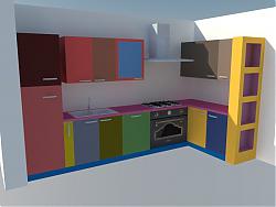 多色块厨房橱柜SU模型