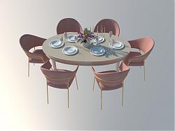 椭圆形餐桌椅家具su模型库