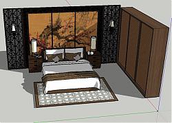 中式双人床-床铺-衣柜-床头柜-壁灯su模型