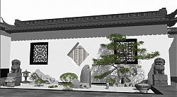 中式景观墙+竹简文化墙+石狮子+枯山水su模型库素材