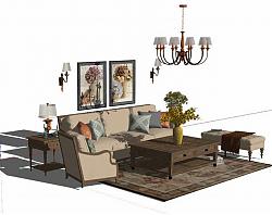 欧式沙发-茶几-花瓶-吊灯-壁灯su模型库素材